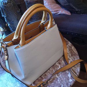 Beige and brown leather handbag with detached long strap